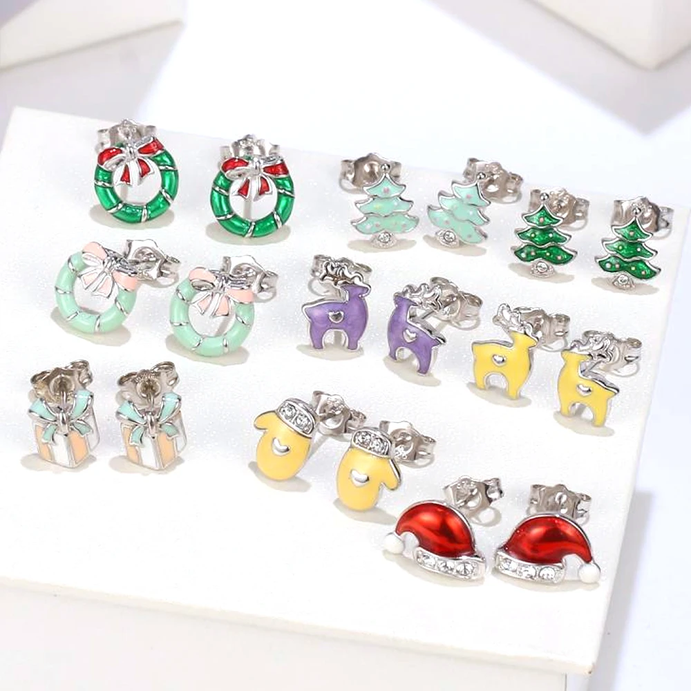 Trendy Cute Delicate Christmas Tree/Wreath/Elk/Santa Hat/Gloves Stud Earrings For Women Girl Beautiful 925 Silver Jewelry Gift