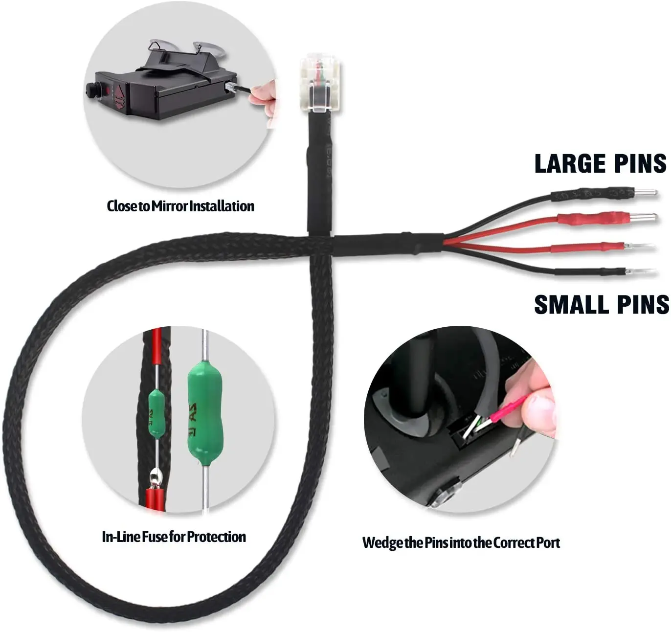 12 inch RJ11 Multi Size Plugs Mirror Wire Radar Detector Hardwire Power Cord for Escort Valentine One Uniden Beltronics