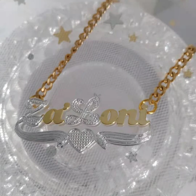 Personalized Women 3D Nameplate Necklace Double Plated Name Heart Pendent Necklace Custom Stainless Steel HipHop Jelwery Gifts