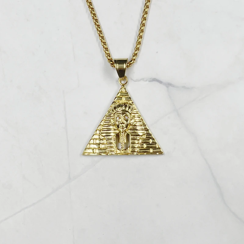 Men Hip hop gold color Pendant Stainless steel Egyptian Pharaoh Head pyramid Pendant Necklaces Chain Punk Jewelry