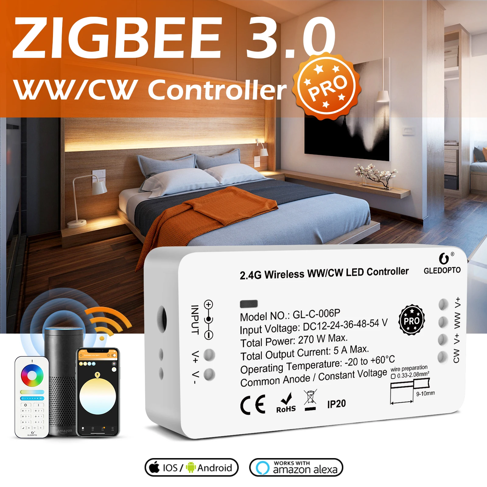 

Умный регулятор светодиодной ленты Zigbee 3,0 RGBCCT Pro, совместимый с приложением Hub Tuya SmartThings, 2,4 ГГц, Радиочастотный пульт дистанционного управления голосом