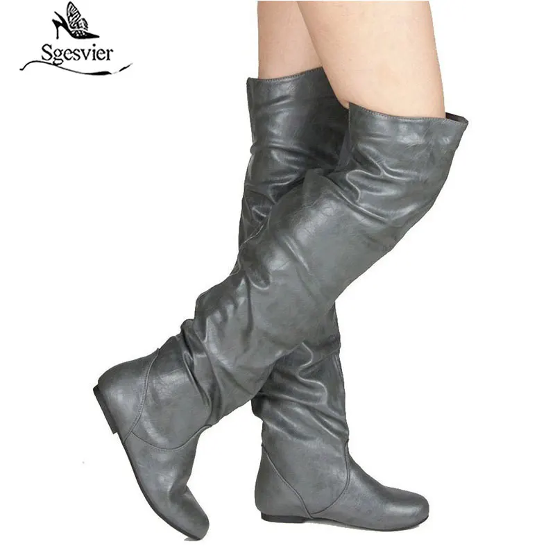 

SGESVIER Over The Knee Boots Women Pu Elastic Boots Female Round Toe Shoes Concise Flat Shoes Autumn Winter 2019 Plus Size 34-48