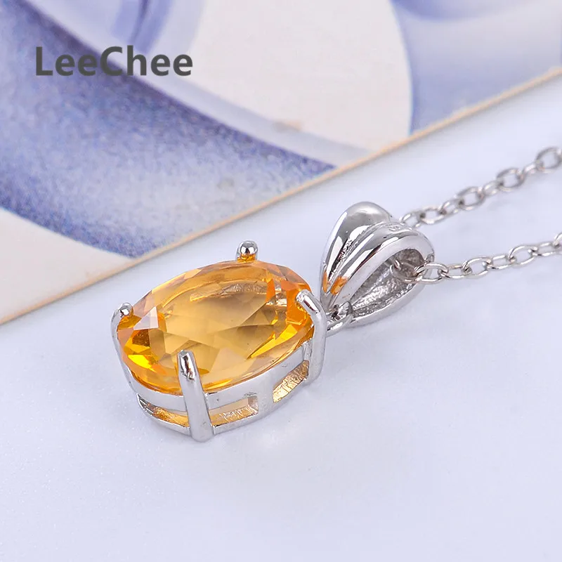 LeeChee 100%Natural citrine pendant real 925 Solid Sterling Silver jewelry 7*9mm yellow gemstone necklace for women gift 1.7CT