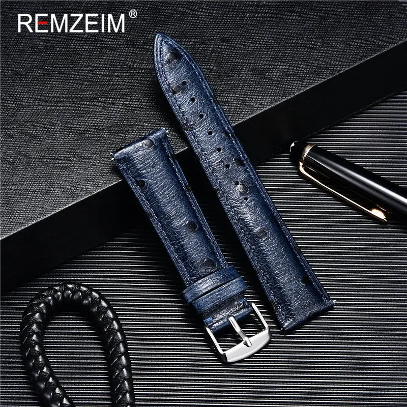 REMZEIM 18mm 20mm 22mm Watch Strap Cow Leather Vintage Ostrich Pattern Watchband Comfortable To Wear Quick Release Straps