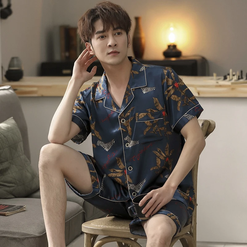 

Summer Silk Men Pajamas Set Cartoon Short Sleeve Turn-down Collar Sleepwear Satin Pyjamas Loose Soft Male Homewear