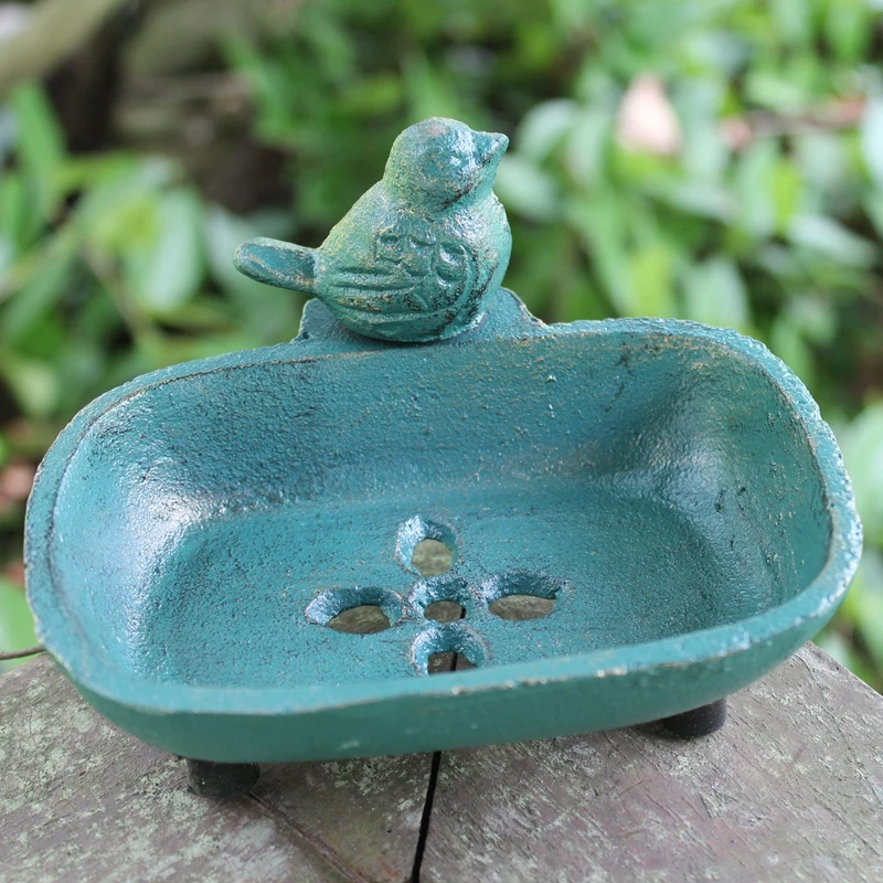 Cast Iron Hand Soap Holder Lovely Bird Shaped Antique Green Gold Finish Decor Tabletop Metal Dish Tray For Kitchen Bathroom Sink