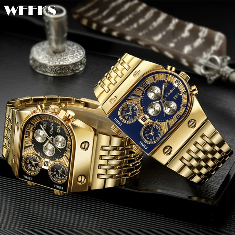 

Luxury Men Watch Chronograph Gold Watches 3 Time Zone Stainless Steel Big Dial Male Golden Wristwatches Clock Relogio Masculino