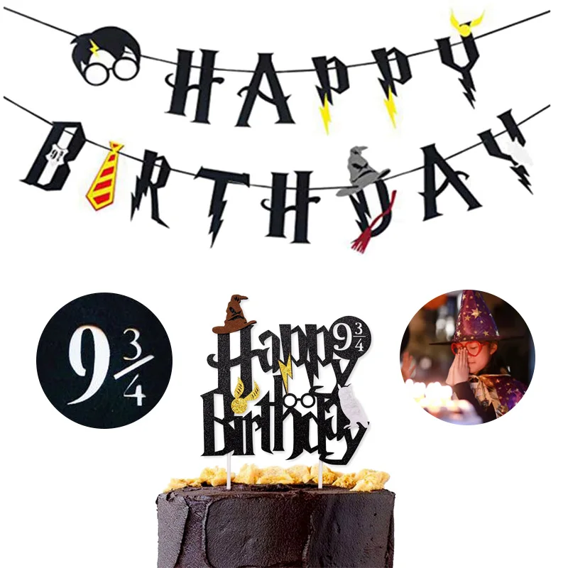 Magic theme Party Non-woven Happy Birthday Banner Cake Topper Flags Bunting for Birthday Party Decorations Kids Favors