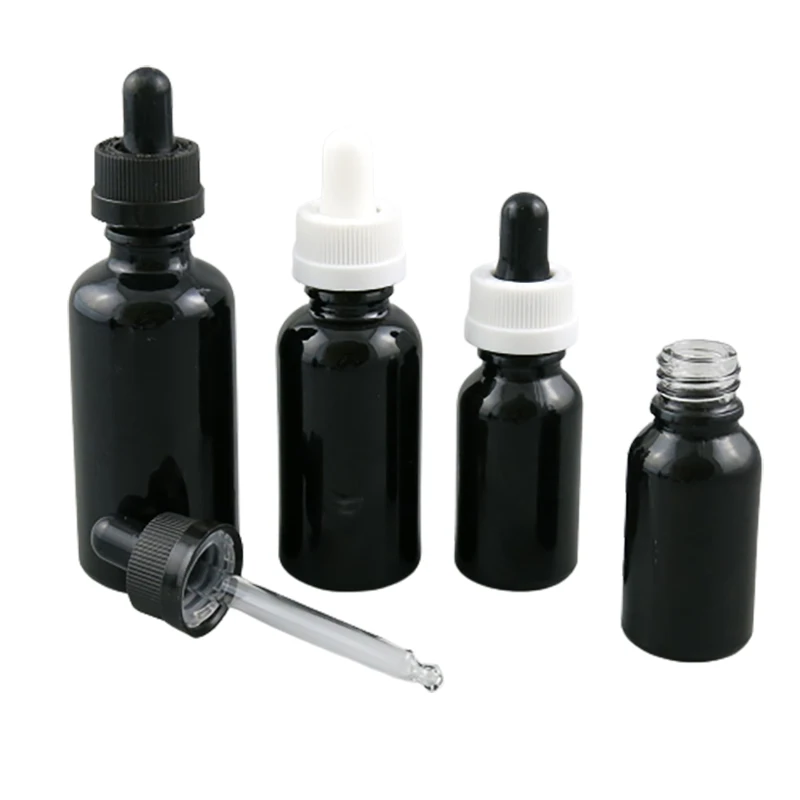 100ml 50ml 30ml 20ml 15ml 10ml 5ml Shining black glass essential oil bottle  With Childproof Drop 1oz Cosmetic Vials