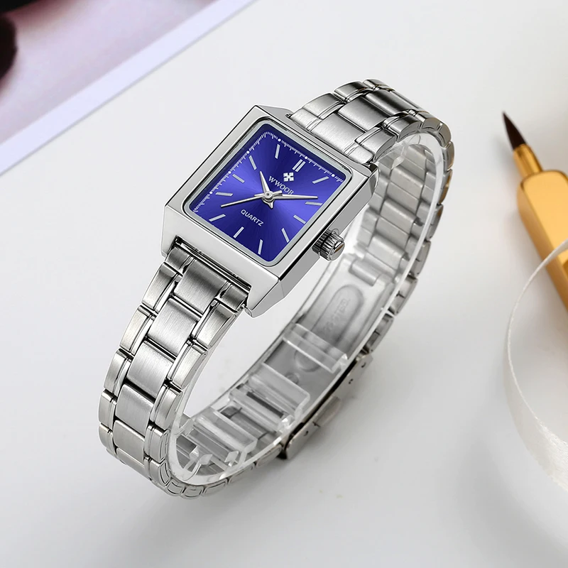 WWOOR Ladies bracelet Watches 2024 Blue Square Watch Womens Stainless Steel Waterproof Elegant Quartz Wristwatches Relojes Mujer