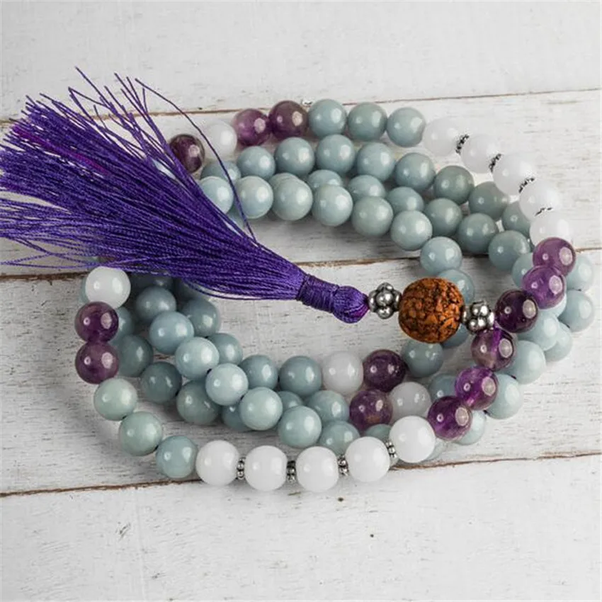 

8mm Gray blue jade Gemstone 108 Beads Tassels Mala Necklace MONK Handmade Buddhism Ruyi Meditation Wrist yoga Lucky