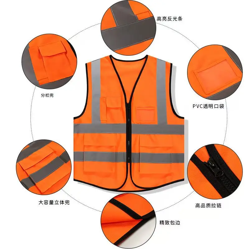 100% Polyester Fabric High Visibility Reflective Strips Multi-function Pockets Construction Traffic Control Survey Safety Vest