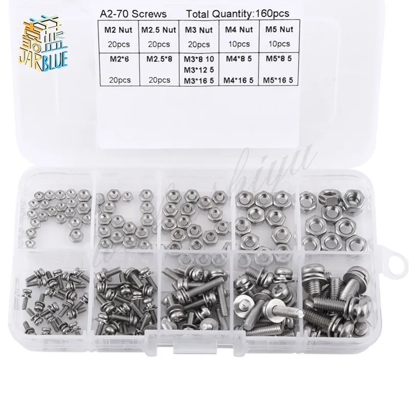 160Pcs/set M2 M2.5 M3 M4 M5 Pan Head Screws Nuts Assortment Kit Stainless Steel Cross Screws Hex Nut Fastener Hardware