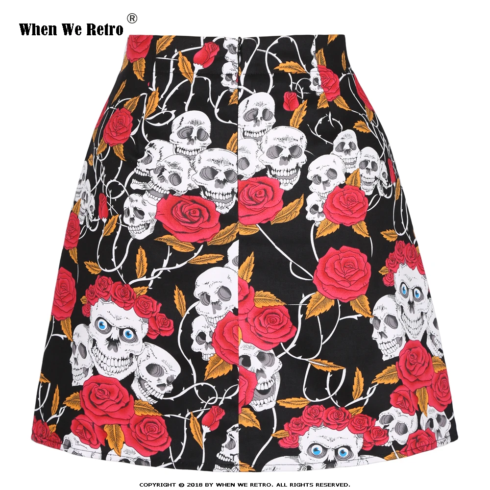 Women Summer Mini Skirt Black Rose Skull Gothic High Waist Floral Print Short Skirt Cotton Party Pencil Skirts Retro Jupe SS0008