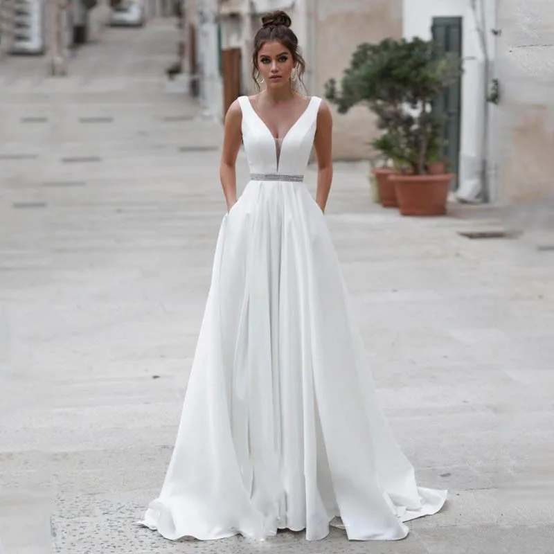 

Wajy Satin Wedding Dresses V Neck Bride Dresses Buttons Vestido de novia Boho Elegant Wedding Gown For Women Custom Made