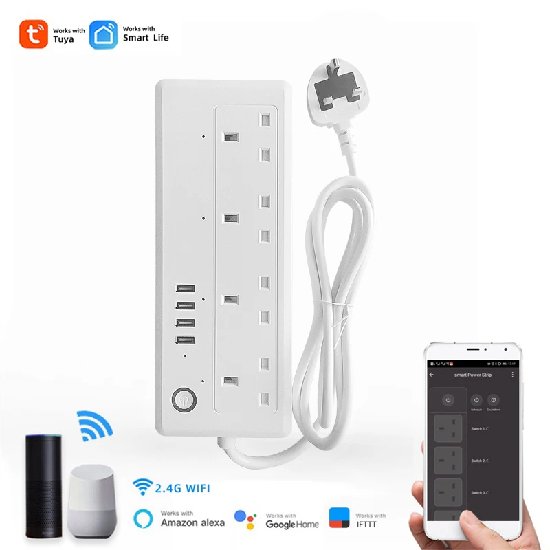 

UK 13A WIFI Power Strip/Outlet,4 Outlets with 4 USB Charging Ports,Timer,Overload Protect,Alexa Google Assistant,Tuya Smart life