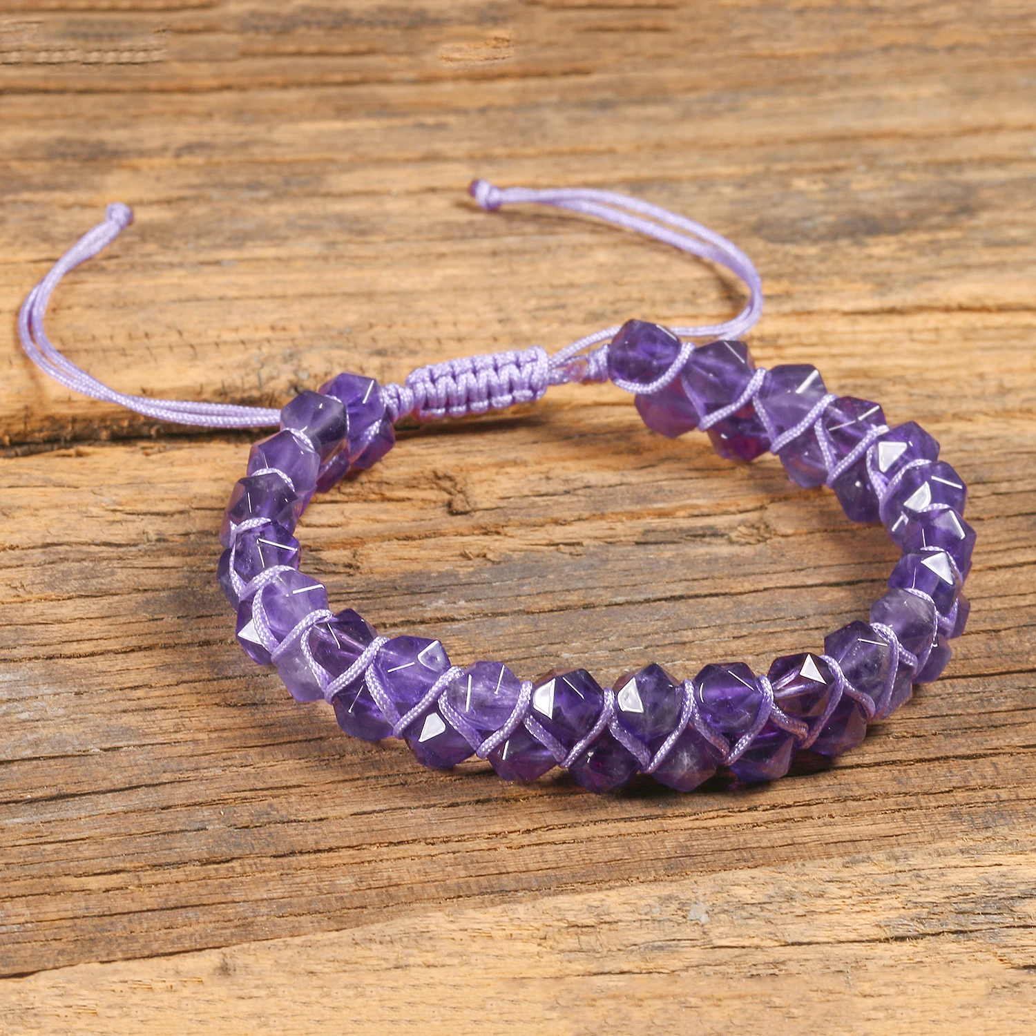 Friendship 6mm Natural Purple Amethyst Faceted Stone Wrap Bracelets Women Braided Yoga Bangle Bohemian Hand-woven Jewellery