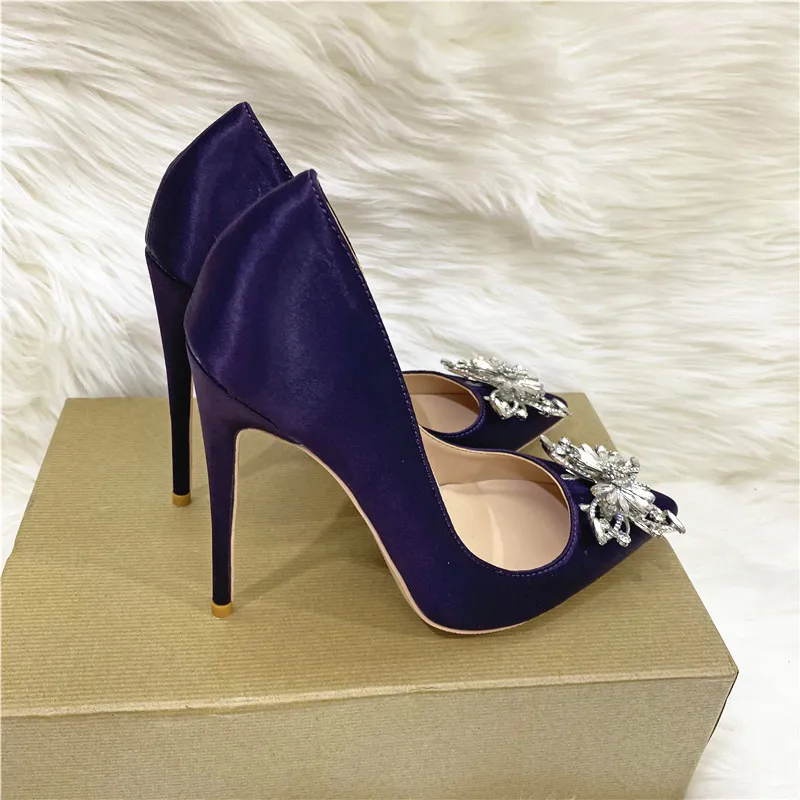 Veowalk Crystal Bow Women Satin Pointy Toe Stiletto Pumps Elegant High Heel Wedding Party Shoes Large Size 43 44 45 Black Purple