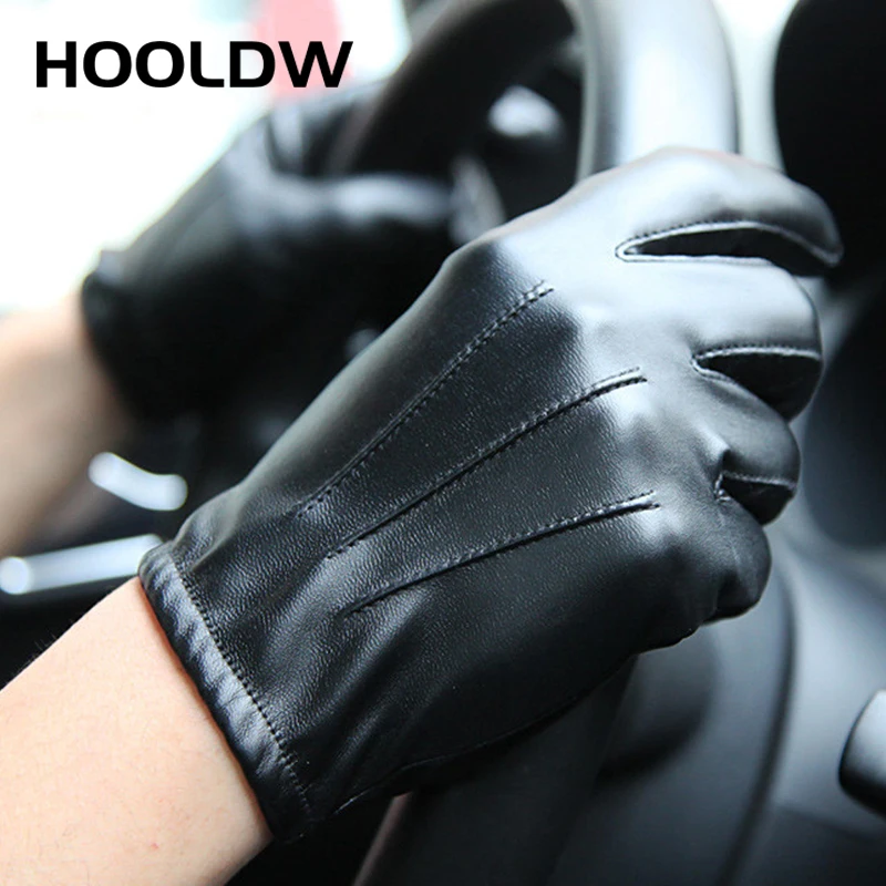 HOOLDW Winter Gloves Men Women Luxurious PU Leather Cashmere Warm Driving Gloves Black Touch Screen Waterproof Gloves Mittens