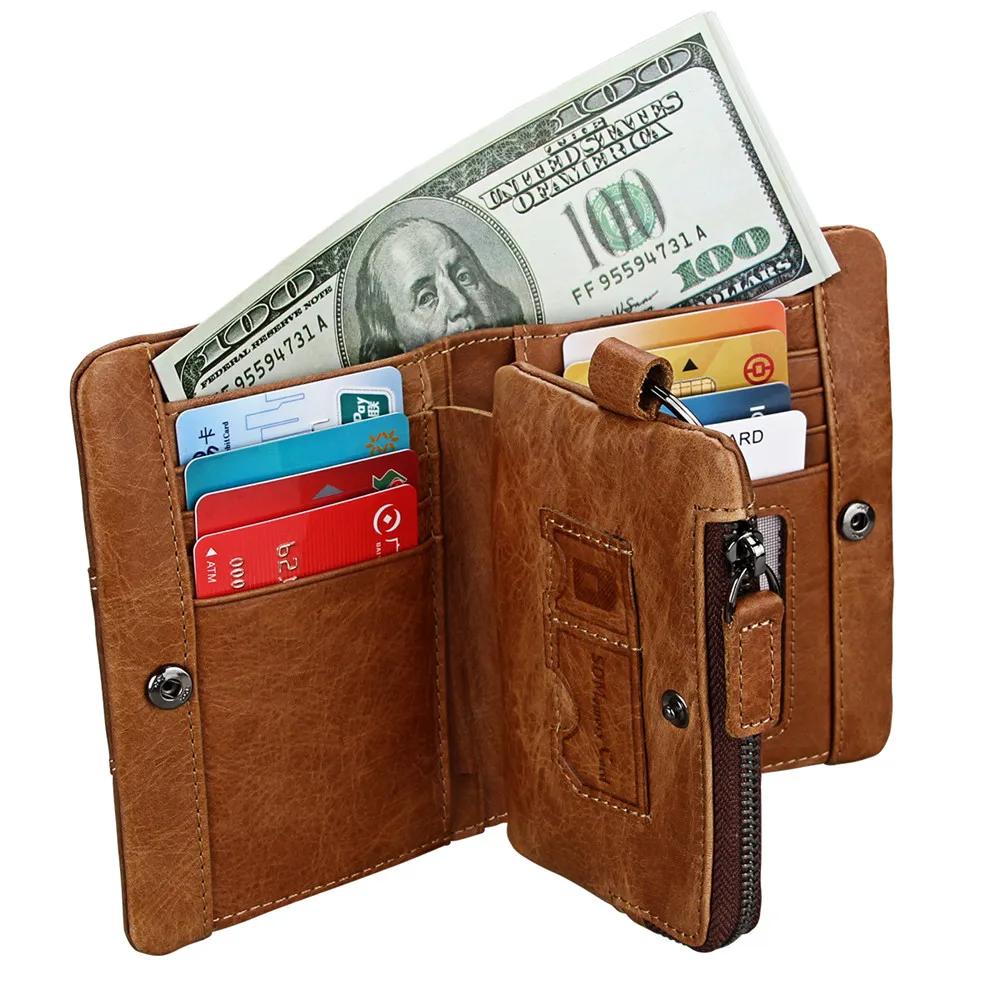 

RETROGOO Genuine Leather Short Men Wallet Male Purse RFID Credit Card Zipper Coin Pocket Money Bag Men Wallet Small Man Cartera