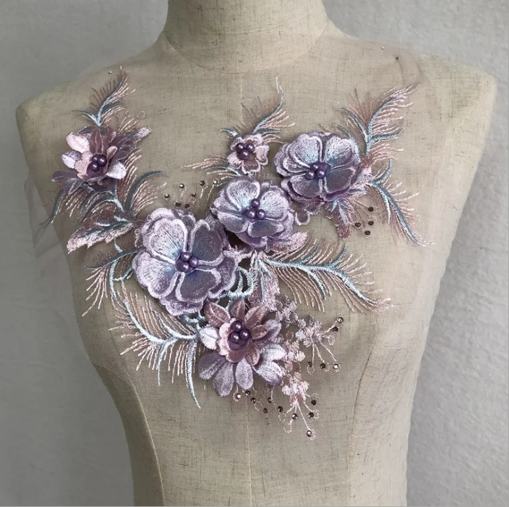 

5 Pieces Beaded Embroidery Lace Applique Floral Bridal Patch DIY Wedding Dress Purple Yellow