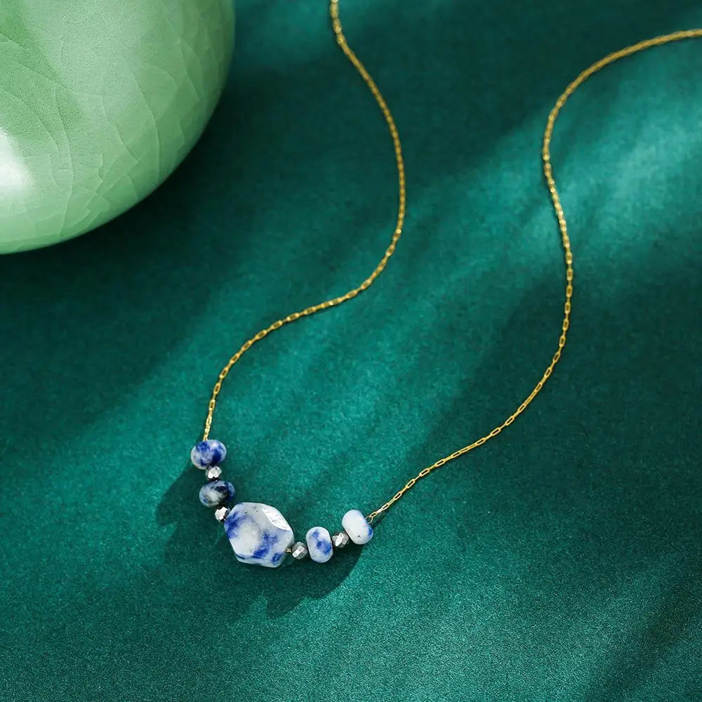 Blue Vine Stone Bead Necklace Elegant Boho Women Handmade Natural Stone Beaded Stainless Steel Chain Pendant Necklace for Gift