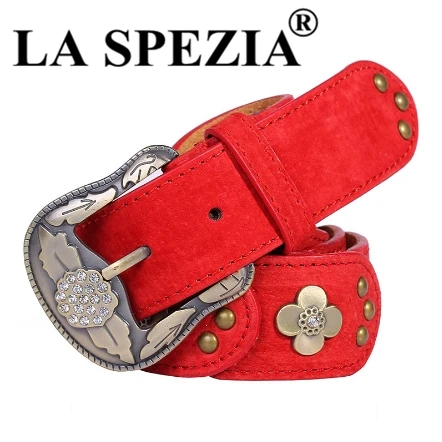 LA SPEZIA Belt Women Designer Pin Buckle Leather Belt With Rhinestones Female Beige Genuine Leather Pigskin Ladies Rivet Belts