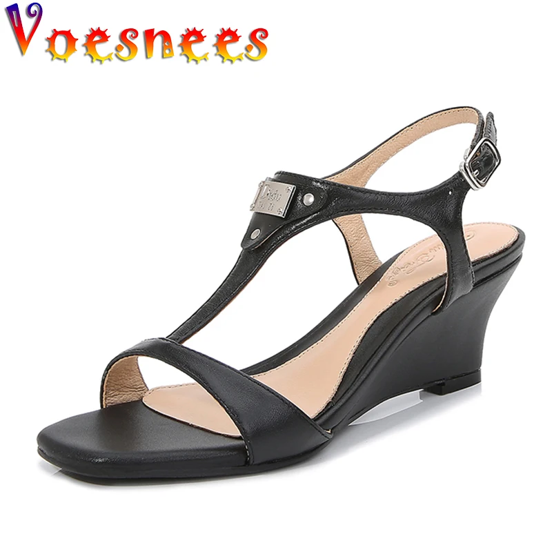 Voesnees Brand Designer Women Shoes Print Wedges Genuine Leather Buckle Strap Metal Decoration Concise T-Strap Modern Sandals