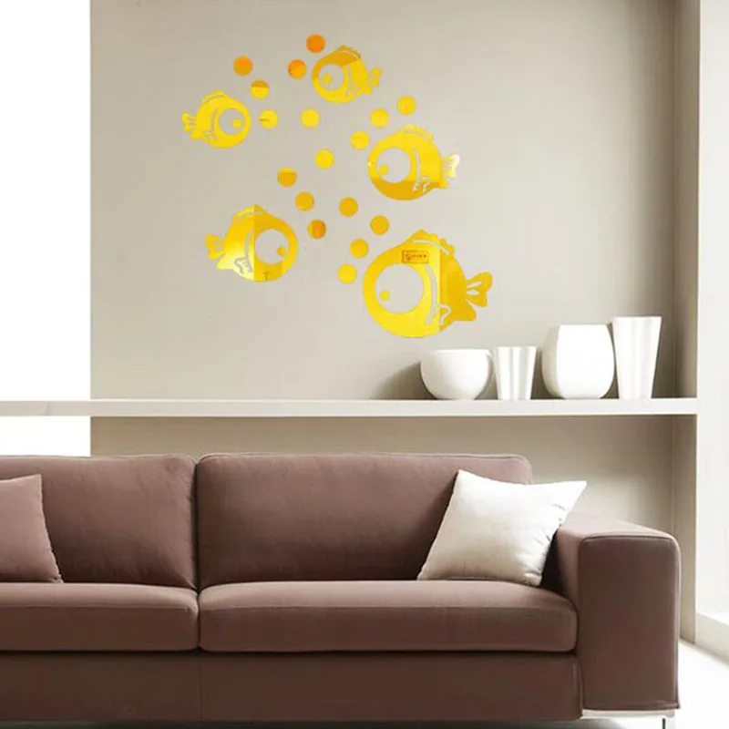 2sets Creative Acrylic Mirror Wall Sticker DIY Bubble Fish Sticker Cute Cartoon Fish Wall Sticker Home Decoration