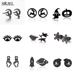 SMJEL Punk Round Stainless Steel Bird Stud Earrings For Men Women Unisex Rock Piercing Black Earrings Vintage Cool Jewelry