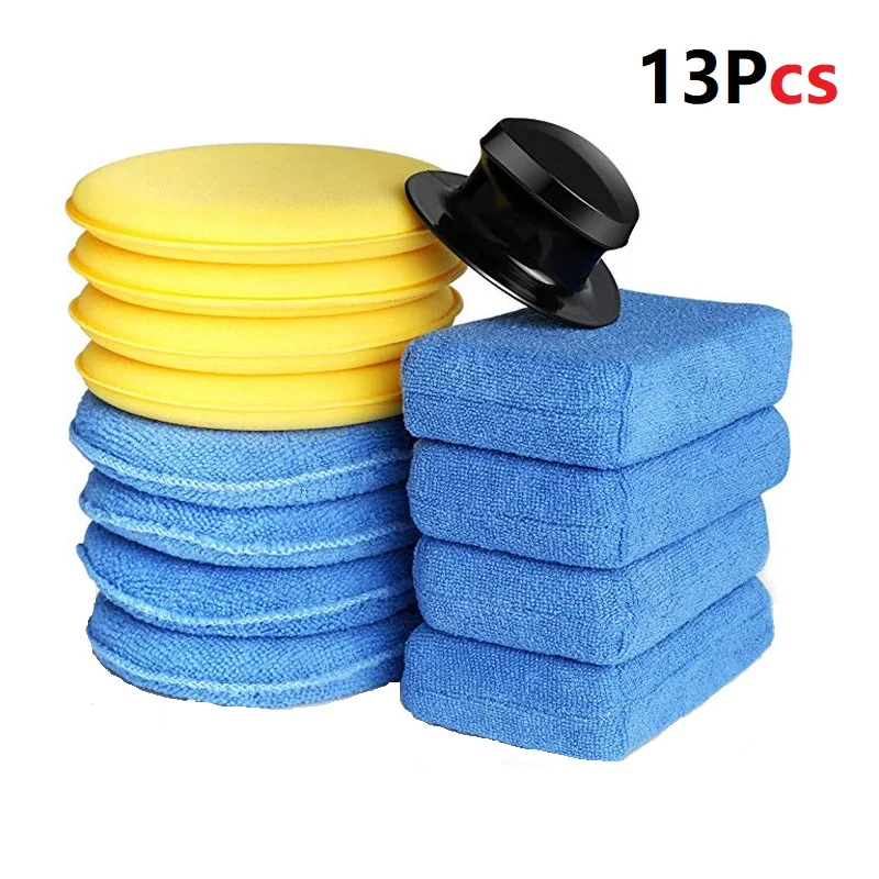 

13PCS Soft Microfiber Car Polishing Waxing Sponge Detailing Care With Handle Applicator Waxing Pad Auto Care Supplies