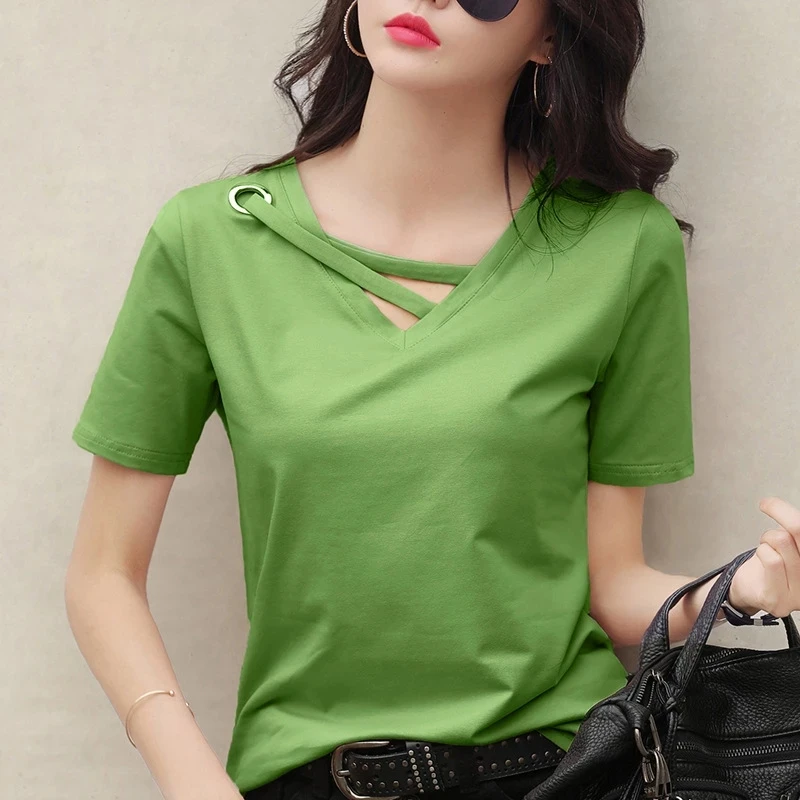 2024 new summer short sleeve women white t-shirt women V-neck loose Korean black top casual compassionate trend t shirt women
