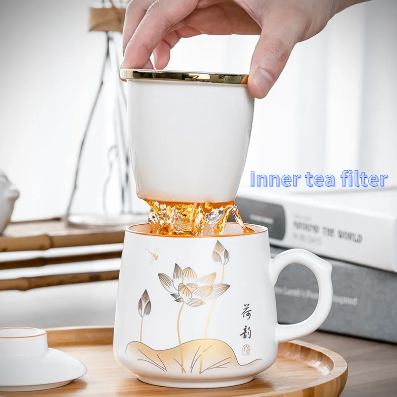 Mug Tea Water Separation Ceramic Tea Cup Office Home with Lid Filter Drinking Tea Cup Single Mug Chinese Gift Tea Making Tools