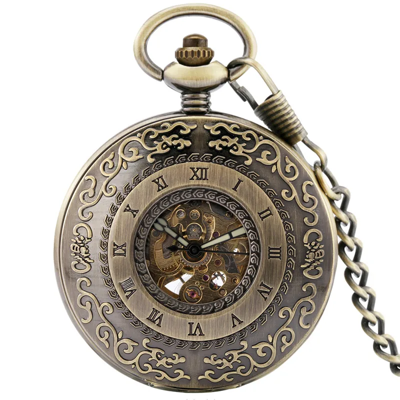 Steampunk Pocket Watch Lot Men Women Automatic Mechanical Clock Skeleton FOB Chain Roman Number Luminous Hands Half Hunter Gift