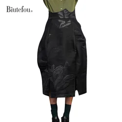 Jacquard Bud Silhouette Skirt for Women, Dark Texture,Spring and Autumn