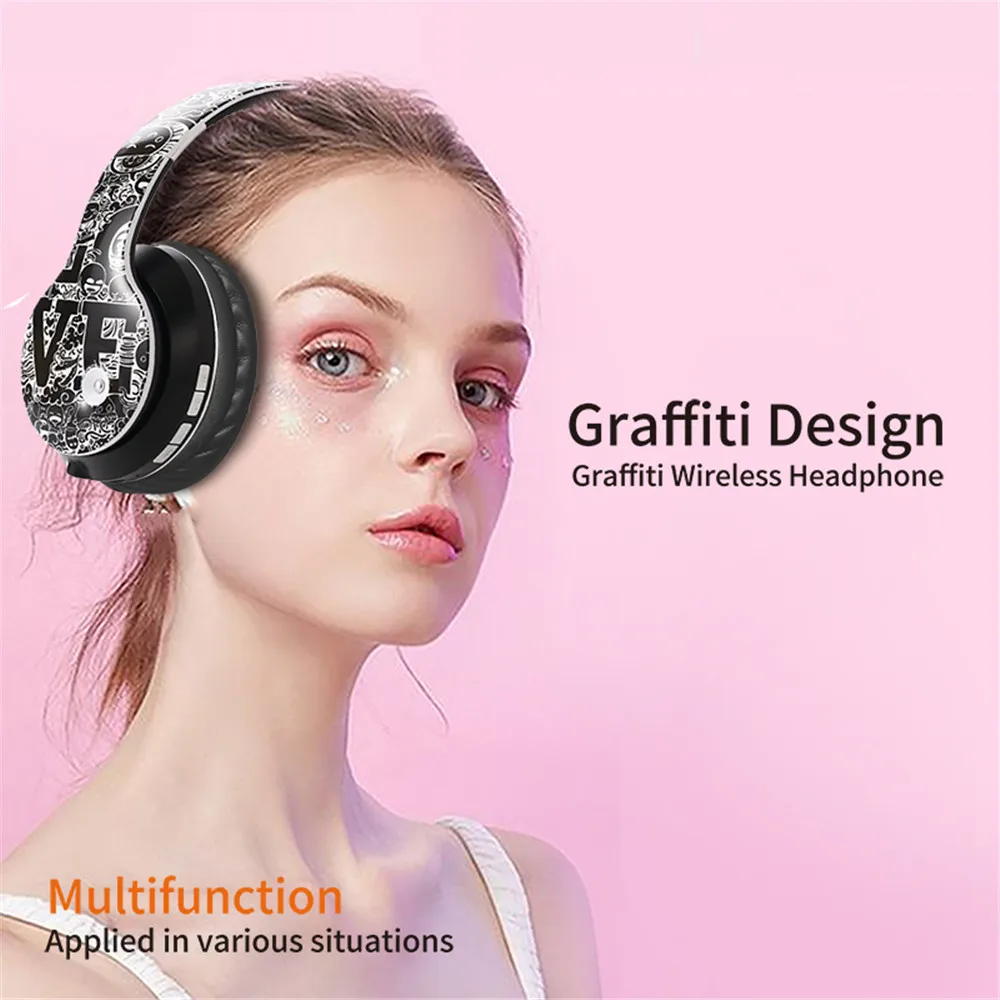 Wireless Bluetooth 5.0 Headphones Over Ear Headest Graffiti Design Foldable Headphone with Mic Hi-Fi Stereo For phone pc laptop