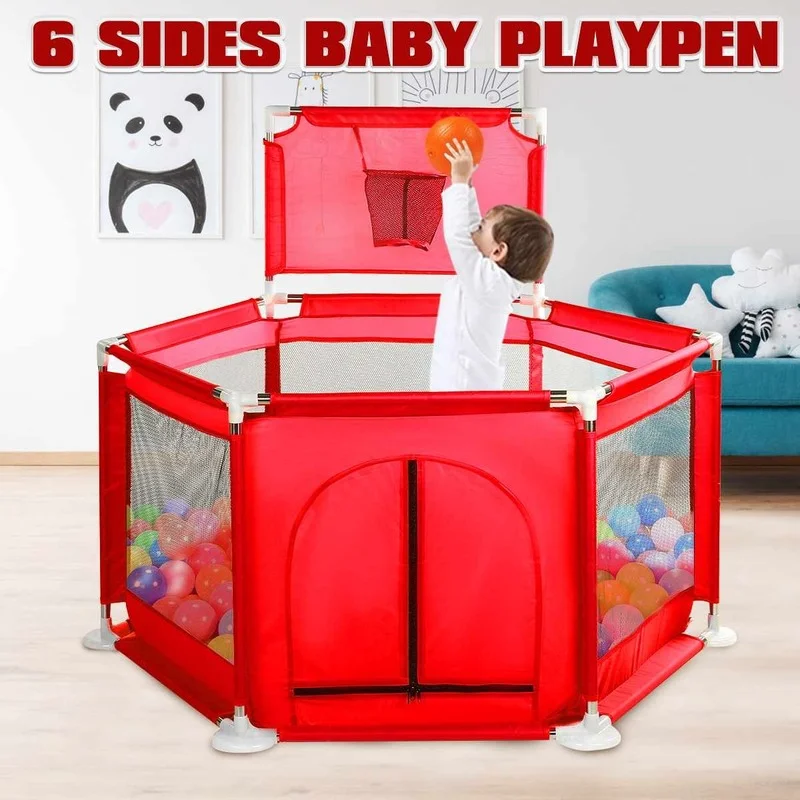 0-3 Year Old Baby Playpen Tent Paddling Pool Ball Pool Safety Barrier with Children's Basketball Hoop