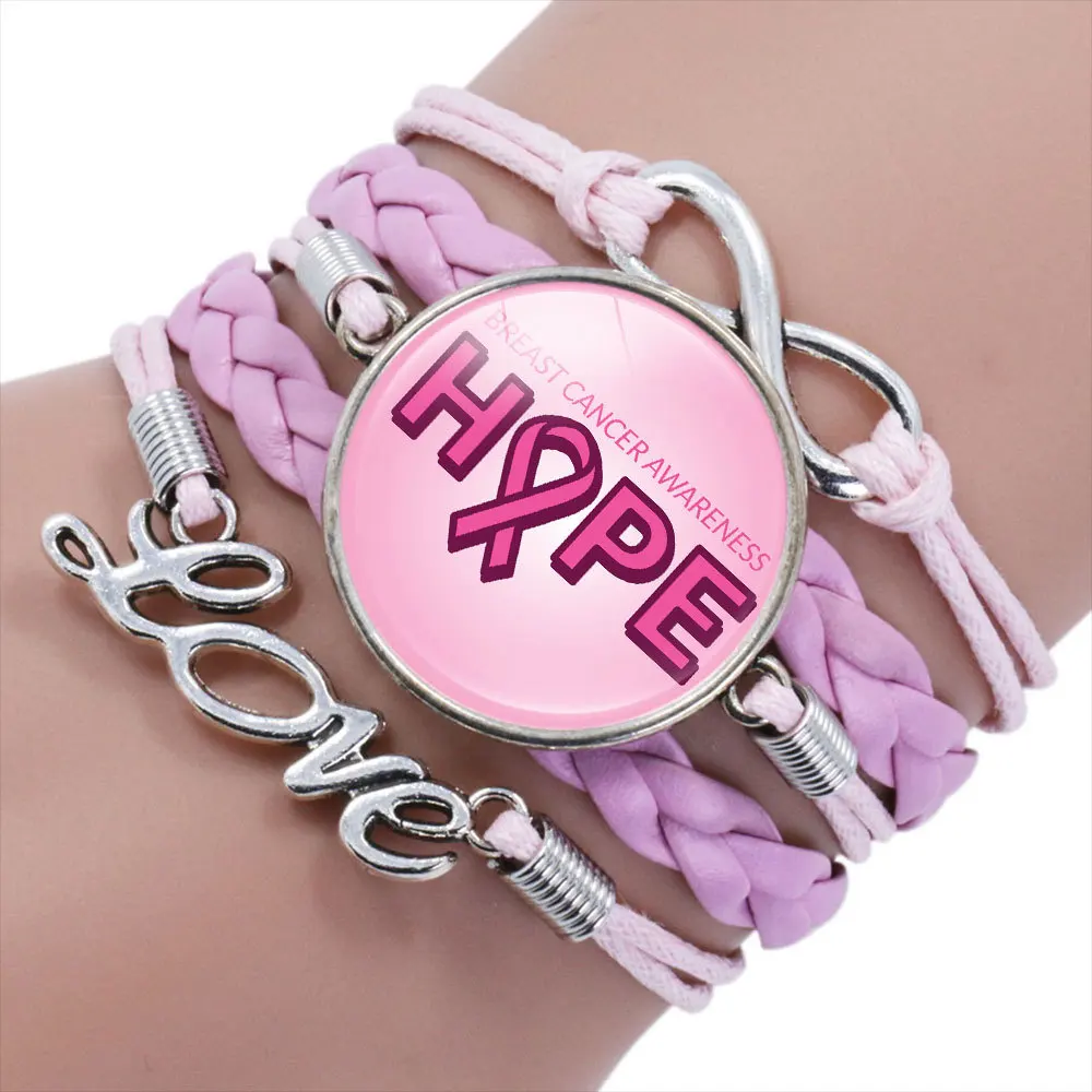 New Pink Ribbon Glass Cabochon Charm Leather Bracelets Faith Hope Cure Inspirational Bangle Breast Cancer Awareness Jewelry