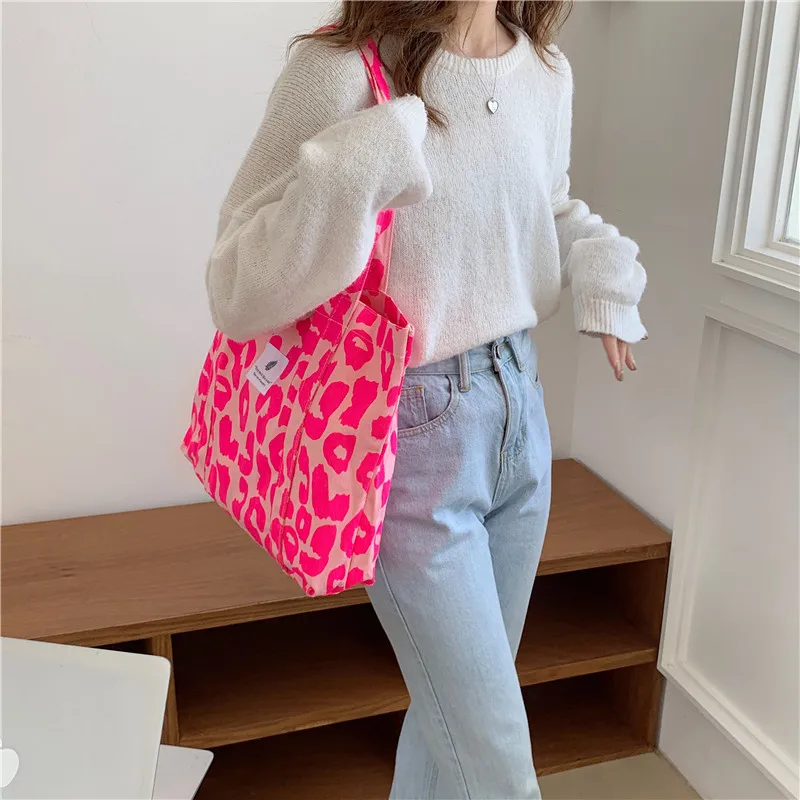 Canvas Checkerboard Bag For Women Casual Plaid Tote Shoulder Bags Leopard Print Large Handbags Female Travel Shopping School Bag