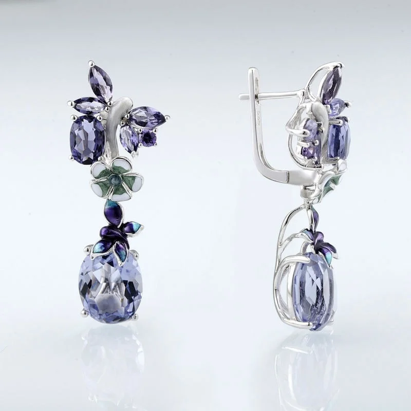 Luxury Dangle Earrings for Women Silver Purple Crystal Flower Floral Pattern Custom Drops Earring Elegant Banquet  Jewelry