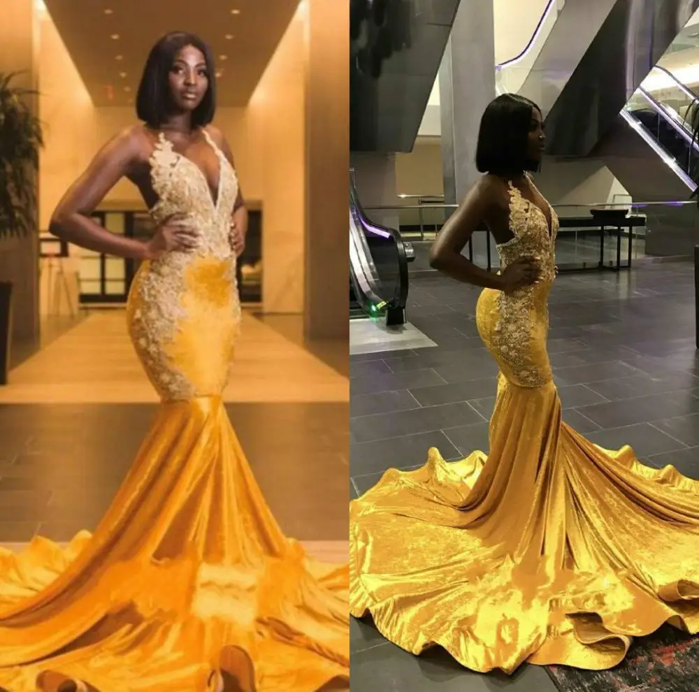 

Gougeous Yellow Velvet Long Train Mermaid African Prom Dresses Backless Beads Black Girl Party Gown Plus Size Long Evening Dress