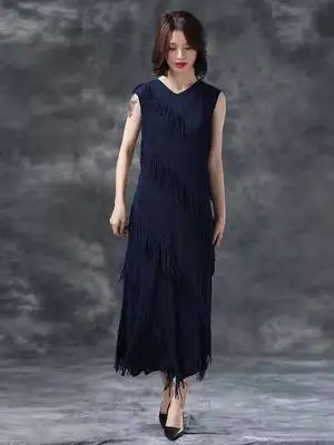 HOT SELLING Miyak The dress fashion  word loosely contracted fold collar sleeveless  tassel dresses IN STOCK