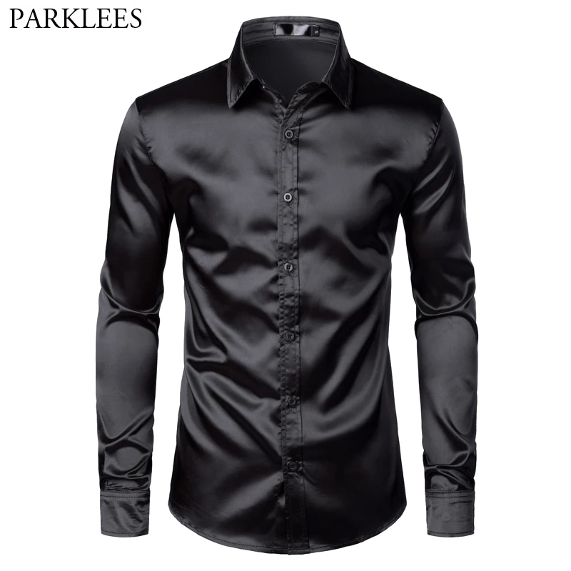 Preto cetim camisas de vestido de luxo dos homens 2023 seda suave camisa do smoking dos homens ajuste fino festa de casamento formatura camisa