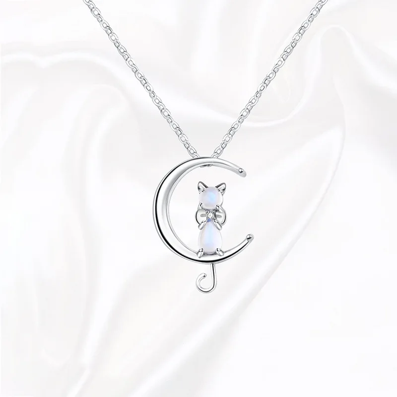 KOFSAC Exquisite Crystal Cute Moon Cat Pendant Girl Jewelry 925 Sterling Silver Necklaces For Women Valentine\'s Day Accessories