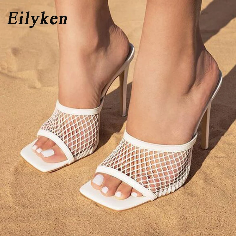 Eilyken New Sexy Square Head Peep Toe High Heel Mesh Slippers Summer Fashion Slip On Slides Women Mules Party Shoes