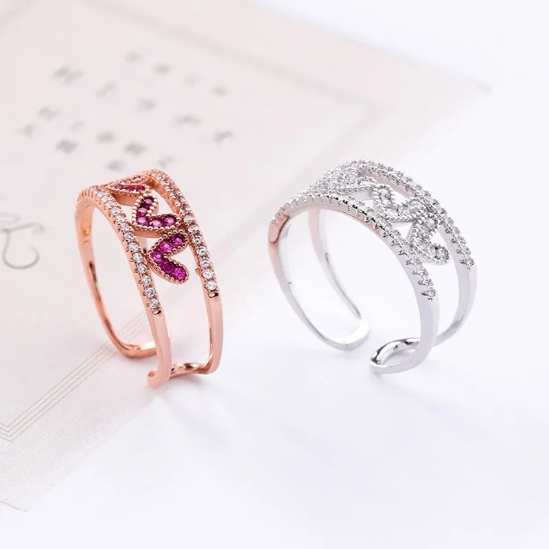 2021 Korean Small Fresh Rose Red Hollow Love Open Ring Wide Version Micro Inlaid Zircon Heart-shaped Tail Jewelry for Student