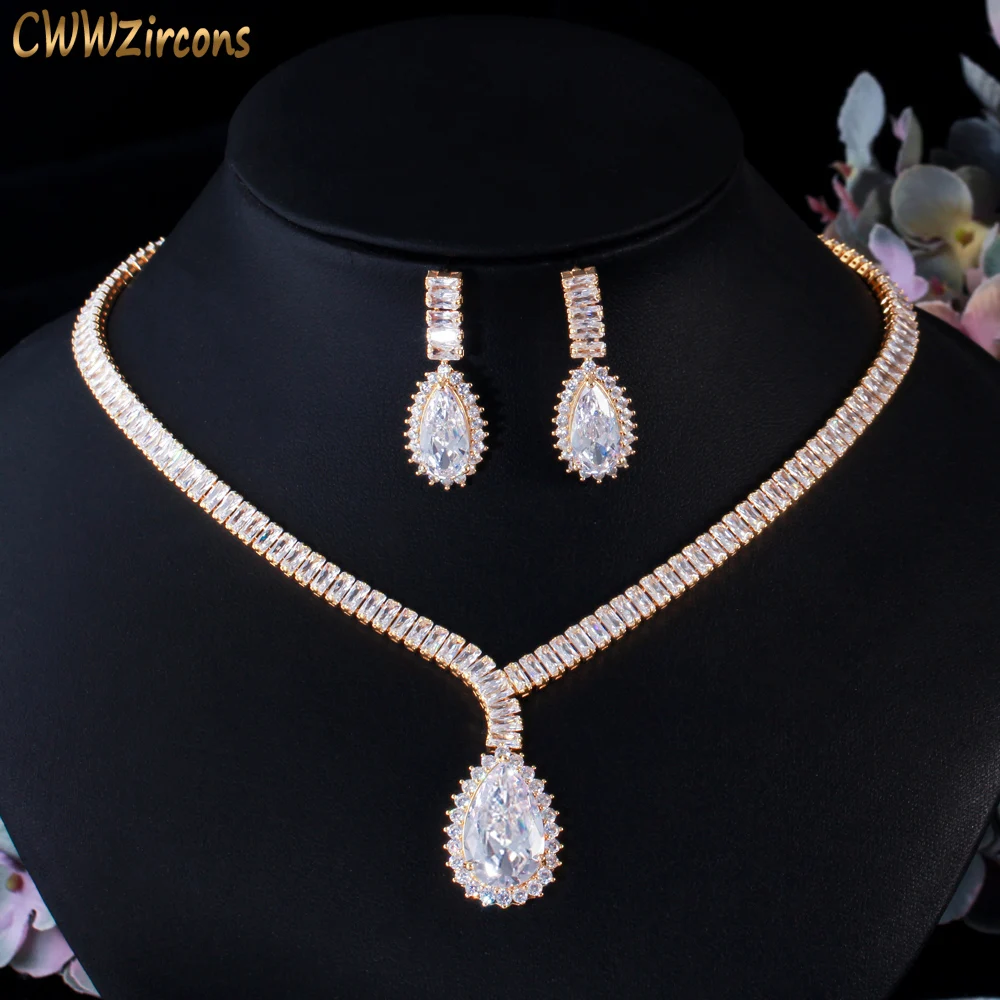 CWWZircons Water Drop Wedding Necklace Earring Set for Brides African Cubic Zirconia Dubai Gold Color Women Costume Jewelry T524