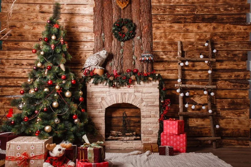 Christmas Backgrounds For Photography Winter Snow Wood Ladder Snow Gift Fireplace Tree Lantern Yard Scenic Photographic Backdrop