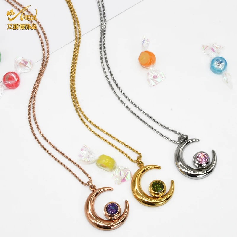 

ANIID Crystal Moon Pendant Stones Necklace Choker Stainless Steel Jewelry Woman Women Jewelry Rose Gold Color Neck Chain Trendy