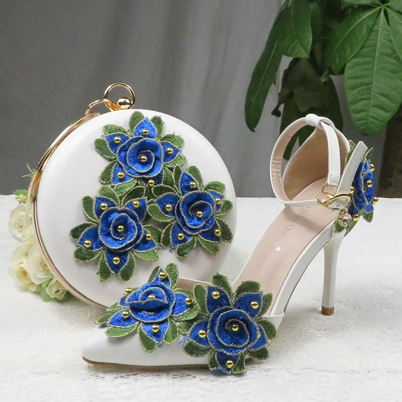 Flower wedding shoes with matching bags High heel Pointed Toe Ankle Strap Summer Sandals Party shoe and bag set High Shoes Woman